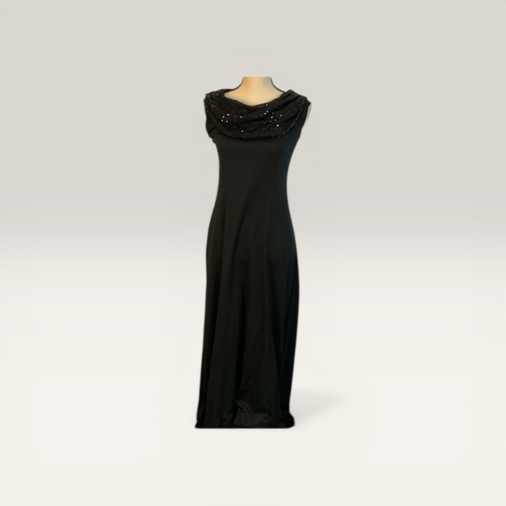 Vintage Black Evening Gown Made in USA Sequin Neckline Classic Formal Dress